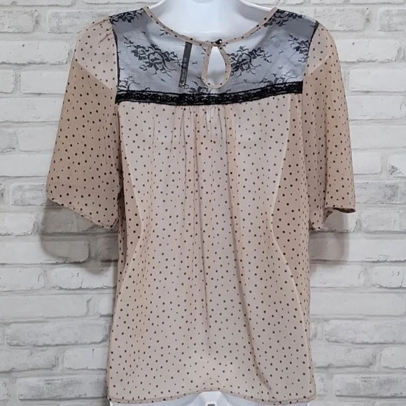 Paper Crane | Lace Panel Polka Dot Sheer Chiffon Blouse - Picture 4 of 7